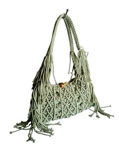Turbo Bags- Schoudertas-Macram&eacute;-Fringe-Bohemian style-Ibiza style-100% katoen-Mint-31cmx22cmx3cm