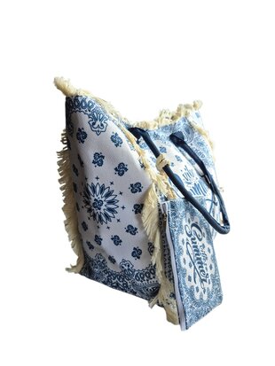 Beach bag-Strand tas-Summer vibes-Franje-Bohemian style-Ibiza style-52cmx35cmx17cm-Navy