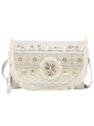 Crossbody tasje- Clutch-Schelp-Kwastjes -Ibizastyle-Bohmian style-Naturel-Little Sparkle-27cmx20cmx1cm-2