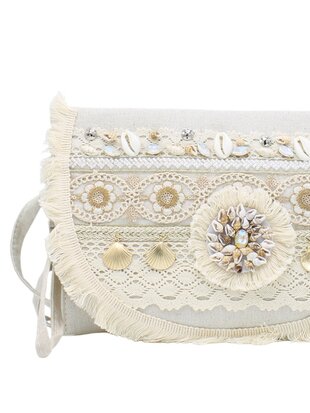 Crossbody tasje- Clutch-Schelp-Kwastjes -Ibizastyle-Bohmian style-Naturel-Little Sparkle-27cmx20cmx1cm-2
