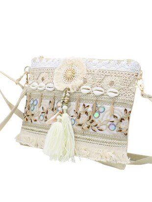 Crossbody tasje- Clutch-Schelp-Kwastjes -Ibizastyle-Bohmian style-Naturel-Little Sparkle-27cmx20cmx1cm-1