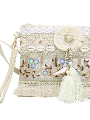 Crossbody tasje- Clutch-Schelp-Kwastjes -Ibizastyle-Bohmian style-Naturel-Little Sparkle-27cmx20cmx1cm-1