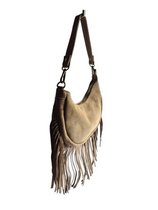 Made in Italy-Boho-tasje-Suède-Echt leer-Fringe-23cmx14cmx5cm-Taupe