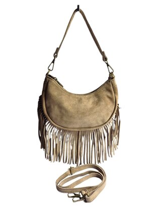 Made in Italy-Boho-tasje-Suède-Echt leer-Fringe-23cmx14cmx5cm-Taupe