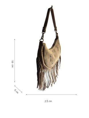 Made in Italy-Boho-tasje-Suède-Echt leer-Fringe-23cmx14cmx5cm-Taupe