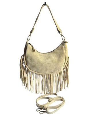 Made in Italy-Boho-tasje-Suède-Echt leer-Fringe-23cmx14cmx5cm-Beige