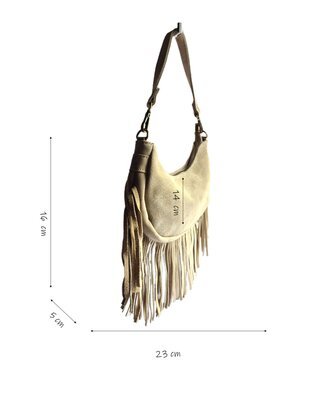Made in Italy-Boho-tasje-Suède-Echt leer-Fringe-23cmx14cmx5cm-Beige