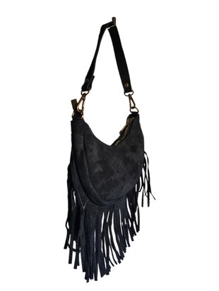 Made in Italy-Boho-tasje-Suède-Echt leer-Fringe-23cmx14cmx5cm-Zwart