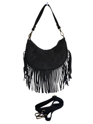 Made in Italy-Boho-tasje-Suède-Echt leer-Fringe-23cmx14cmx5cm-Zwart