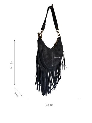 Made in Italy-Boho-tasje-Suède-Echt leer-Fringe-23cmx14cmx5cm-Zwart