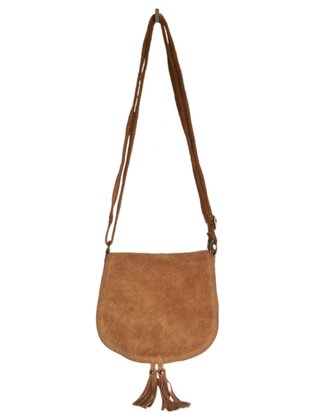 Made in Italy-Boho-tasje-Suède-Echt leer-Klep-Fringe-22cmx19cmx4cm-Camel