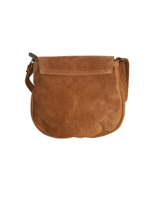 Made in Italy-Boho-tasje-Suède-Echt leer-Klep-Fringe-22cmx19cmx4cm-Camel