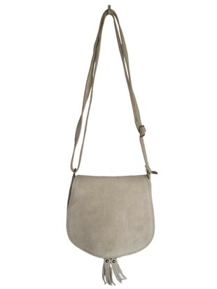 Made in Italy-Boho-tasje-Suède-Echt leer-Klep-Fringe-22cmx19cmx4cm-Beige
