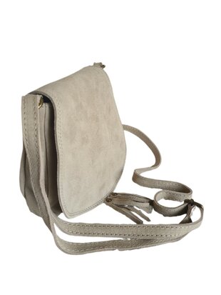 Made in Italy-Boho-tasje-Suède-Echt leer-Klep-Fringe-22cmx19cmx4cm-Beige