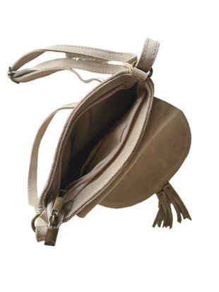 Made in Italy-Boho-tasje-Suède-Echt leer-Klep-Fringe-22cmx19cmx4cm-Beige