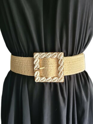 Elastische riem- Stretch-Schelpjes-Geweven-Ibiza style-Bohemian style-Boho style- Licht naturel-90 cm >150cm