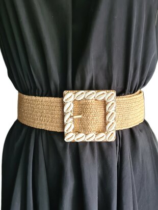 Elastische riem- Stretch-Schelpjes-Geweven-Ibiza style-Bohemian style-Boho style-Naturel-90 cm >150cm