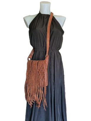 Festival-tasje-Crossbody tasje-Echt leer-Fringe-Bohemian style-Boho style-Gypsy style-Dark Camel-18cmx21cmx5cm