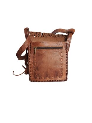 Festival-tasje-Crossbody tasje-Echt leer-Fringe-Bohemian style-Boho style-Gypsy style-Dark Camel-18cmx21cmx5cm