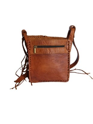 Festival-tasje-Crossbody tasje-Echt leer-Fringe-Bohemian style-Boho style-Gypsy style-Dark Cognac-18cmx21cmx5cm
