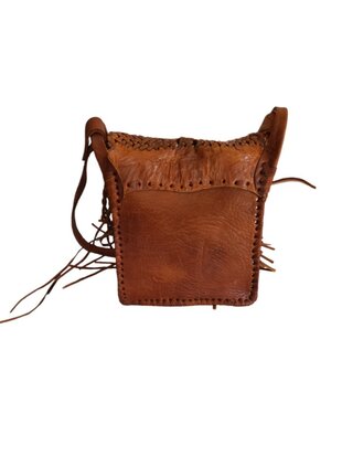 Festival-tasje-Crossbody tasje-Echt leer-Fringe-Bohemian style-Boho style-Gypsy style-Dark Cognac-18cmx21cmx5cm