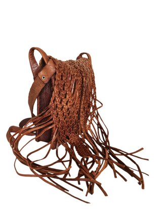 Festival-tasje-Crossbody tasje-Echt leer-Fringe-Bohemian style-Boho style-Gypsy style-Dark Cognac-18cmx21cmx5cm