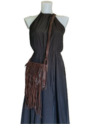 Festival-tasje-Crossbody tasje-Echt leer-Fringe-Bohemian style-Boho style-Gypsy style-Dark Brown-18cmx21cmx5cm