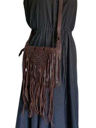 Festival-tasje-Crossbody tasje-Echt leer-Fringe-Bohemian style-Boho style-Gypsy style-Dark Brown-18cmx21cmx5cm