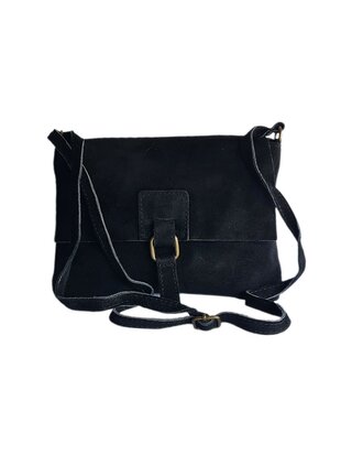 Made in Italy-Crossbody-Schouder tas-Suède-Leer-klep-Zwart-25cmx17cmx1cm