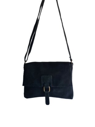 Made in Italy-Crossbody-Schouder tas-Suède-Leer-klep-Zwart-25cmx17cmx1cm