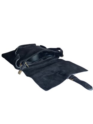 Made in Italy-Crossbody-Schouder tas-Suède-Leer-klep-Zwart-25cmx17cmx1cm
