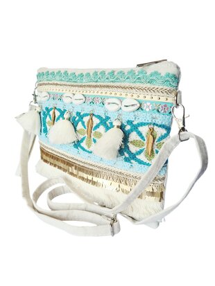 Crossbody tasje- Clutch-Schelp-Kwastjes -Ibizastyle-Bohmian style-Naturel-Little Sparkle-27cmx20cmx1cm-3