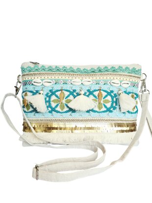 Crossbody tasje- Clutch-Schelp-Kwastjes -Ibizastyle-Bohmian style-Naturel-Little Sparkle-27cmx20cmx1cm-3