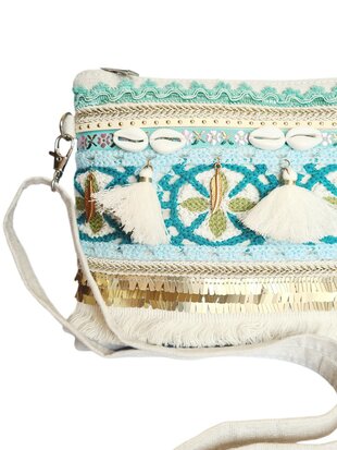 Crossbody tasje- Clutch-Schelp-Kwastjes -Ibizastyle-Bohmian style-Naturel-Little Sparkle-27cmx20cmx1cm-3