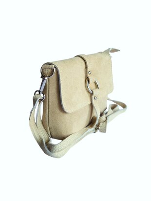 Made in Italy-Schouder tas-Crossbody- Tas-Suède-Leer-klep-Ring-Beige-22cmx15cmx4,5cm