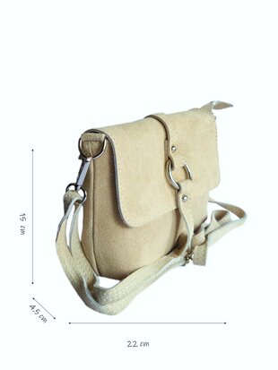 Made in Italy-Schouder tas-Crossbody- Tas-Suède-Leer-klep-Ring-Beige-22cmx15cmx4,5cm