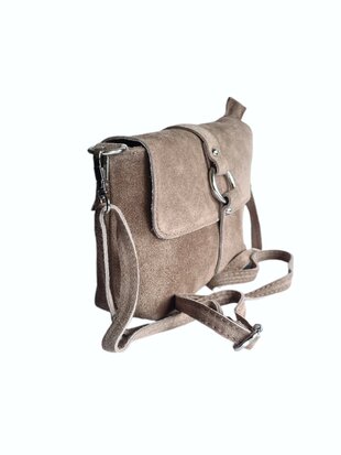 Made in Italy-Schouder tas-Crossbody- Tas-Suède-Leer-klep-Ring-Taupe-22cmx15cmx4,5cm