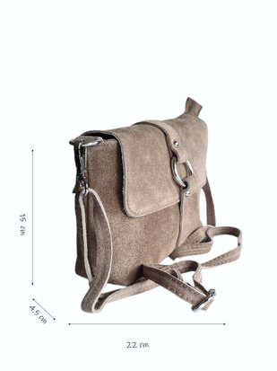 Made in Italy-Schouder tas-Crossbody- Tas-Suède-Leer-klep-Ring-Taupe-22cmx15cmx4,5cm