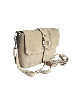 Made in Italy-Schouder tas-Crossbody- Tas-Suède-Leer-klep-Ring-Licht Taupe-22cmx15cmx4,5cm
