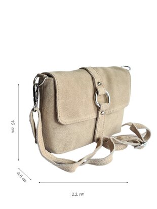 Made in Italy-Schouder tas-Crossbody- Tas-Suède-Leer-klep-Ring-Licht Taupe-22cmx15cmx4,5cm