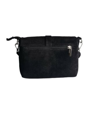 Made in Italy-Schouder tas-Crossbody- Tas-Suède-Leer-klep-Ring-Zwart-22cmx15cmx4,5cm