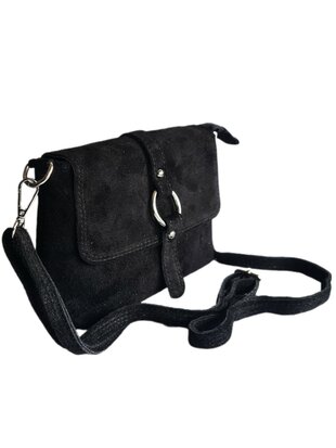 Made in Italy-Schouder tas-Crossbody- Tas-Suède-Leer-klep-Ring-Zwart-22cmx15cmx4,5cm