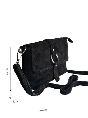 Made in Italy-Schouder tas-Crossbody- Tas-Suède-Leer-klep-Ring-Zwart-22cmx15cmx4,5cm