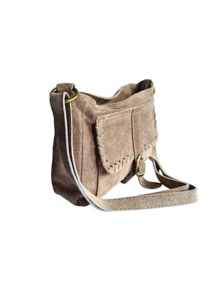 Made in Italy-Schouder tas-Crossbody- Tas-Suède-Leer-Voorvak-Gesp-Taupe-27cmx17cmx6cm