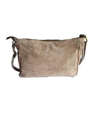 Made in Italy-Schouder tas-Crossbody- Tas-Suède-Leer-Voorvak-Gesp-Taupe-27cmx17cmx6cm