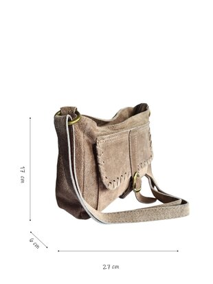 Made in Italy-Schouder tas-Crossbody- Tas-Suède-Leer-Voorvak-Gesp-Taupe-27cmx17cmx6cm