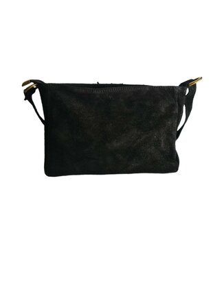Made in Italy-Schouder tas-Crossbody- Tas-Suède-Leer-Voorvak-Gesp-Zwart-27cmx17cmx6cm