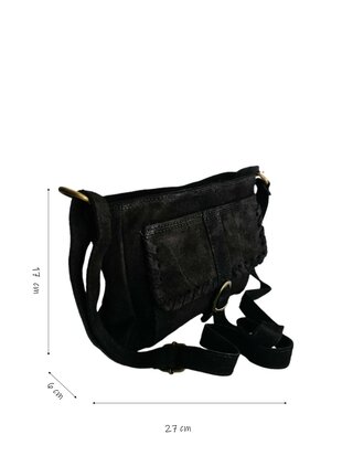 Made in Italy-Schouder tas-Crossbody- Tas-Suède-Leer-Voorvak-Gesp-Zwart-27cmx17cmx6cm