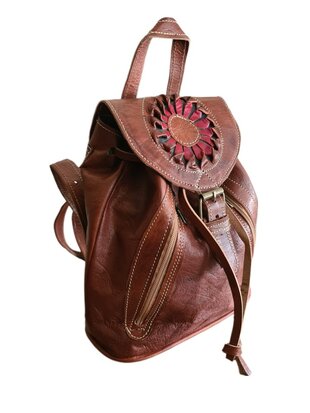 Festival Rugzak- Rugzak-Echt leer-Sun-Bohemian style-Boho style-Gypsy style-Roodbruin-29,5cmx25cmx10cm