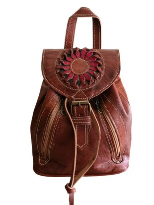 Festival Rugzak- Rugzak-Echt leer-Sun-Bohemian style-Boho style-Gypsy style-Roodbruin-29,5cmx25cmx10cm